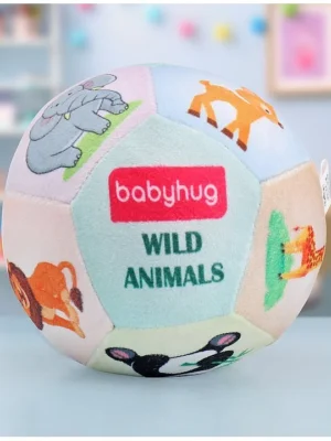 Colorful Wild Animals Soft Ball with Gentle Rattle Sound & Animal Prints Plush ball for Sensory Play Motor Skill & Visual Development Lightweight Travel Friendly 2+ Months BISHeight 13cm