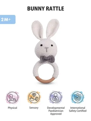 Crochet & Wood Bunny Rattle Tactile & Auditory Development Baby Rattle Safety Certified Toy for NewbornsPaediatrician Approved BIS Certified